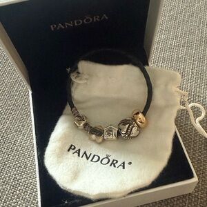 Pandora Bracelet & 4 Charms | Dog House, Hearts, gold ring on black leather